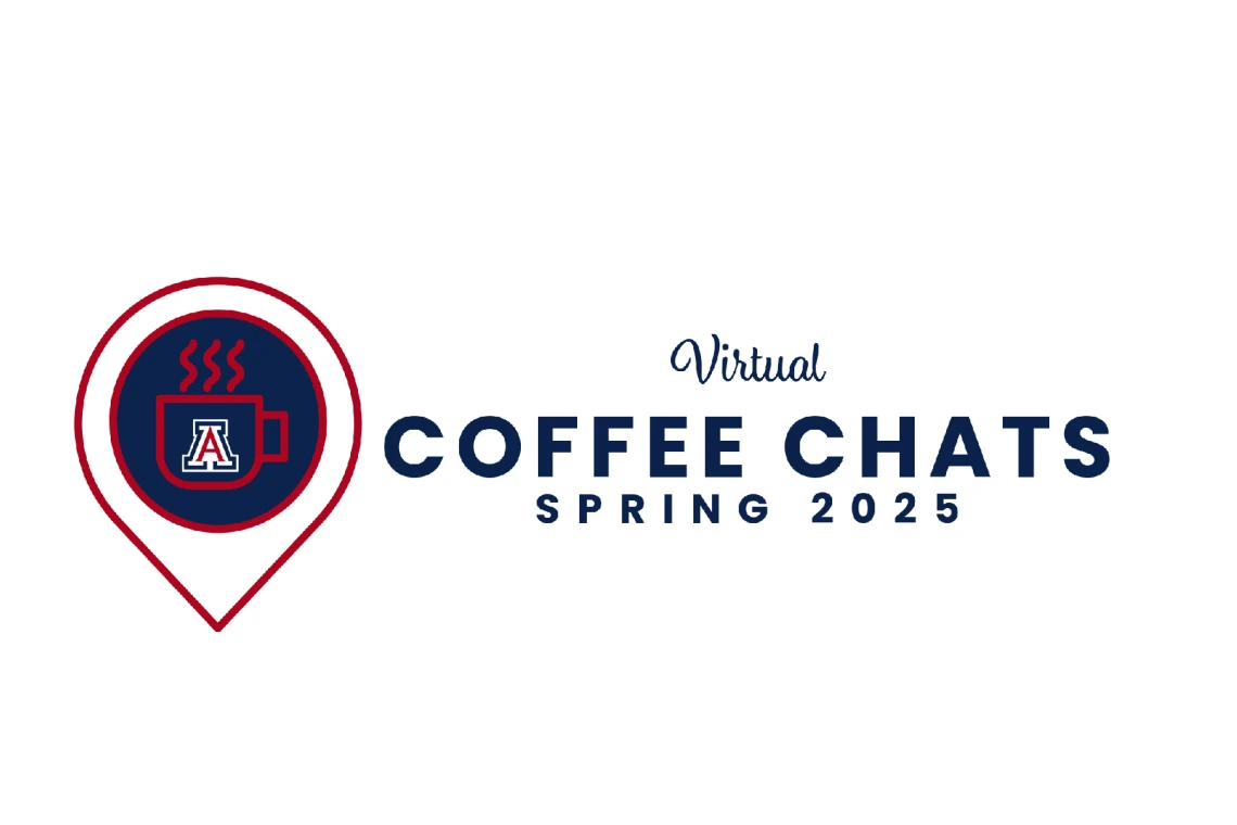 a coffee cup with steam and the message "virtual coffee chats, Spring 2025"